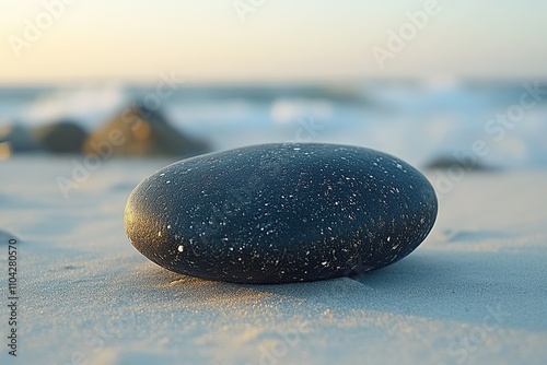 Black zen meditation stones on the beach sand photo