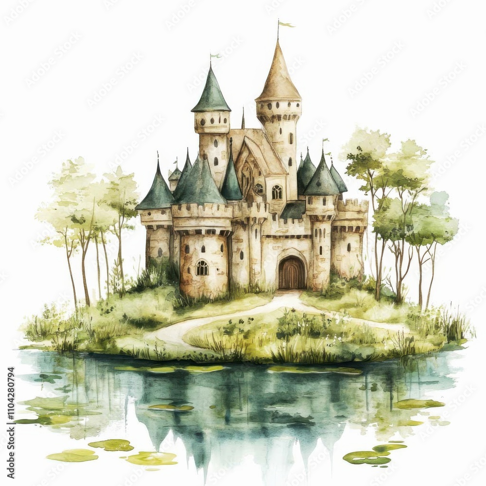 Enchanted fantasy castle with leafy moat and noble gate tranquil nature setting illustrative view Enchanted fantasy castle with leafy moat and noble gate tranquil nature setting illustrative view