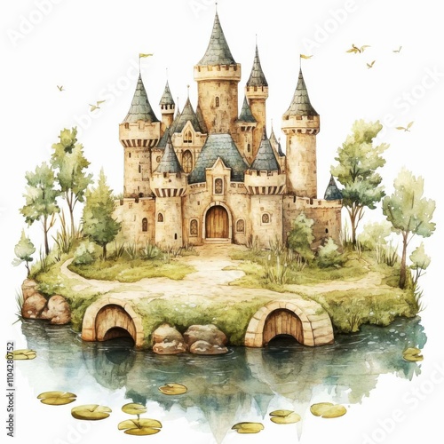 Fantasy castle surrounded by a leafy green moat nobility scene enchanted landscape aerial view