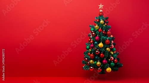 A Christmas tree emoji decorated on a vibrant red background