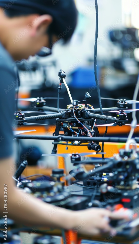 Engineer Calibrating Drone Components on High-Tech Assembly Line for Precision Engineering Engineer Calibrating Drone Components on High-Tech Assembly Line for Precision Engineering