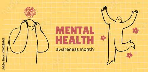 Mental health awareness month banner design.  Hand drawn doodle vector illustration