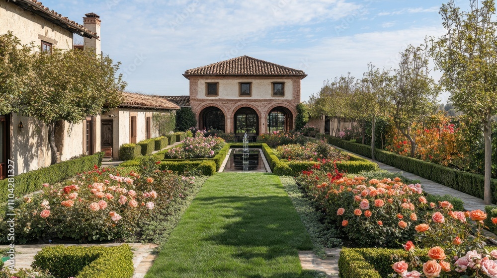Obraz premium Serene Garden with Blooming Roses and Elegant Architecture in Daylight