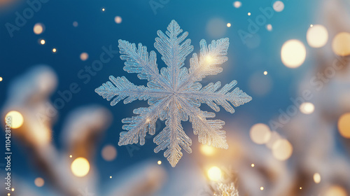 Glowing snowflake falling on a blue christmas background