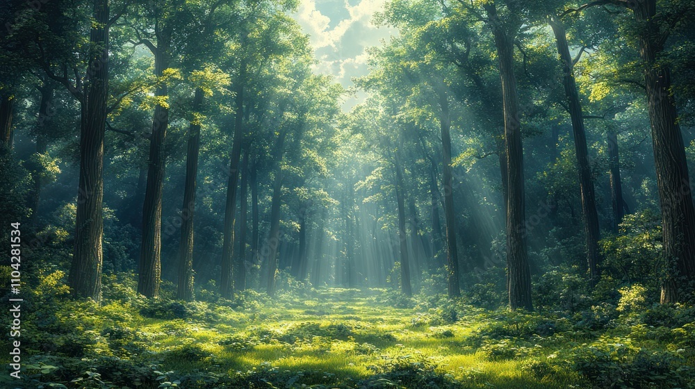 Fototapeta premium Sunbeams illuminate a path through a lush, green forest.
