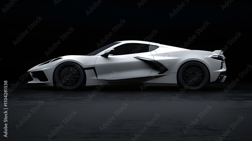 Sleek white sports car, sharply angled against a dark background. The design is futuristic and luxurious, highlighting its powerful engine and aerodynamic features. Sleek white sports car, sharply angled against a dark background. The design is futuristic and luxurious, highlighting its powerful engine and aerodynamic features.