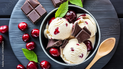 Creamy vanilla ice cream with chocolate chunks and fresh cherries enjoying a ...
