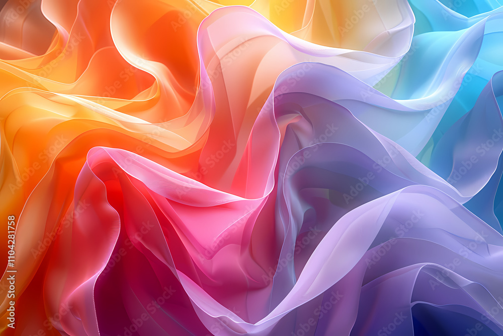 Obraz premium Vibrant and flowing abstract fabric waves in shades of orange, pink, and blue, evoking a sense of motion and tranquility.