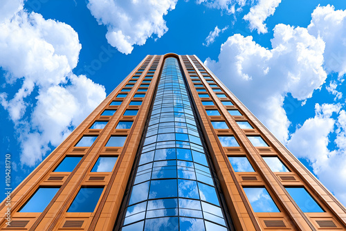 A tall building with a sleek glass facade stretches towards a bright blue sky adorned with fluffy white clouds.