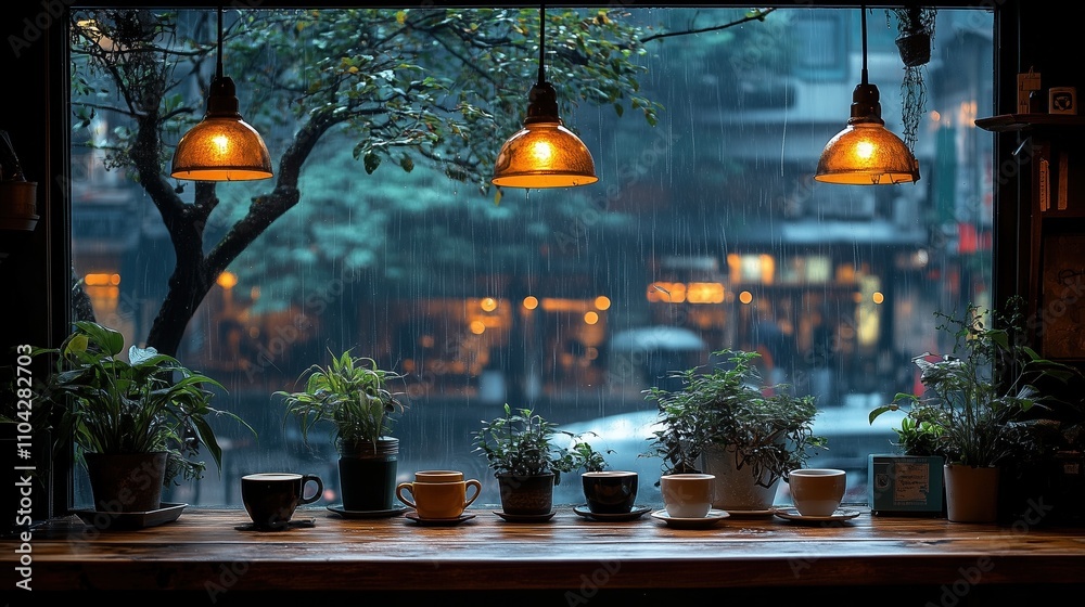 Obraz premium Cozy Café with Rainy Window View