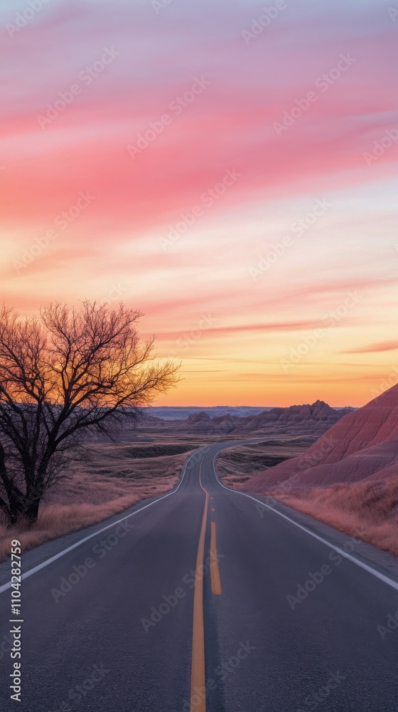 Scenic road winding through the badlands at sunset with vibrant sky colors Scenic road winding through the badlands at sunset with vibrant sky colors