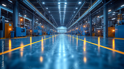 Modern industrial factory interior with automated machinery and bright lighting