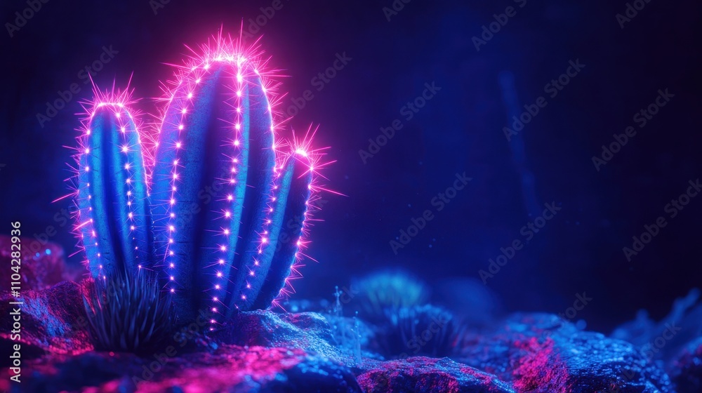 Neon Cactus in a Dark Desert Landscape Neon Cactus in a Dark Desert Landscape