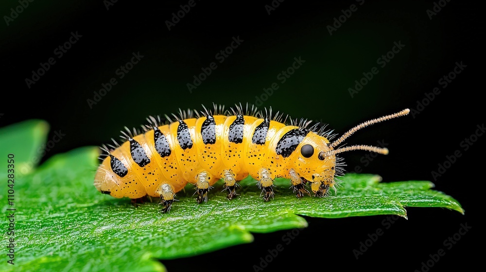 A vibrant yellow and black striped caterpillar rests on a green leaf, showcasing nature's intricate details and colors in a stunning macro perspective. A vibrant yellow and black striped caterpillar rests on a green leaf, showcasing nature's intricate details and colors in a stunning macro perspective.