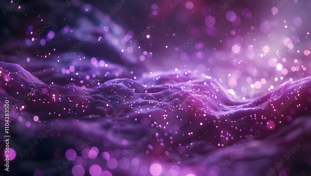 Fototapeta premium Glimmering purple landscape with sparkling particles. Dreamlike, magical, and ethereal.