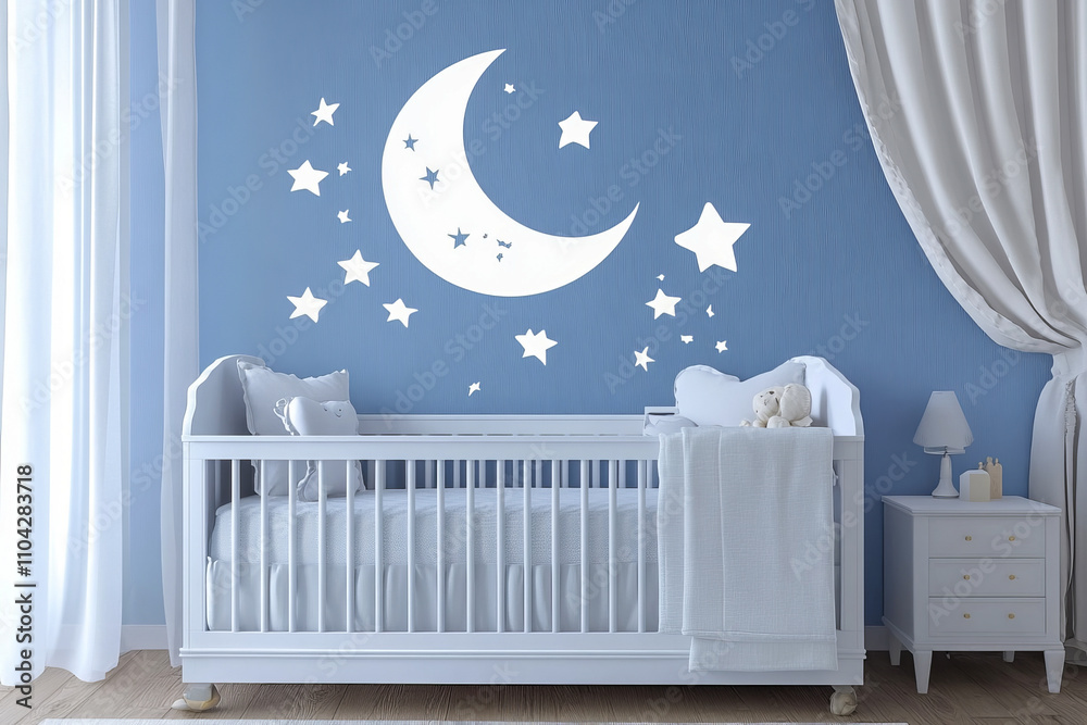 Elegant nursery with white crib and moon wall art for a serene baby room Elegant nursery with white crib and moon wall art for a serene baby room