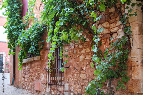 Weinberanktes Haus aus Ockerstein in Roussillon, Provence, Frankreich