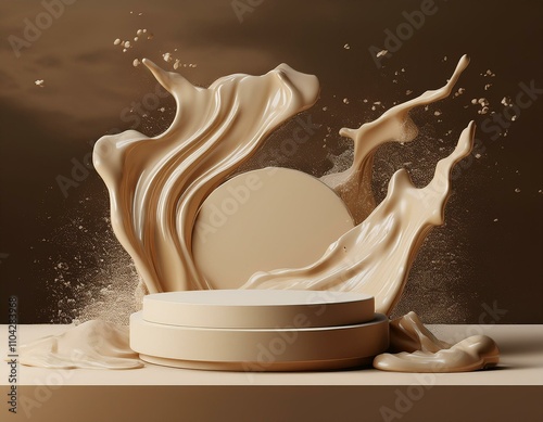 stone product podim with beige liquid cream splash cream fluid flow for cosmetics showcase 3d rendering podium mockup