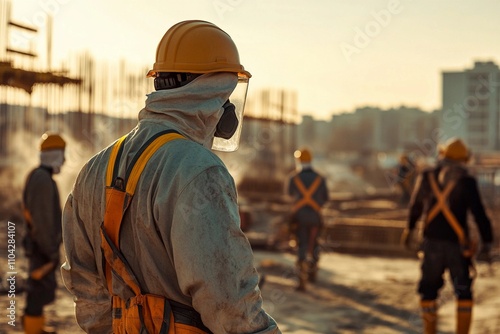 Construction workers collaborating at sunset in a bustling urban site. Generative AI