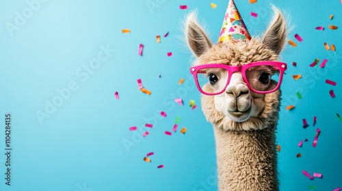 A llama donning a vibrant hat and pink shades, surrounded by confetti on a blue backdrop. A playful, festive party theme. photo