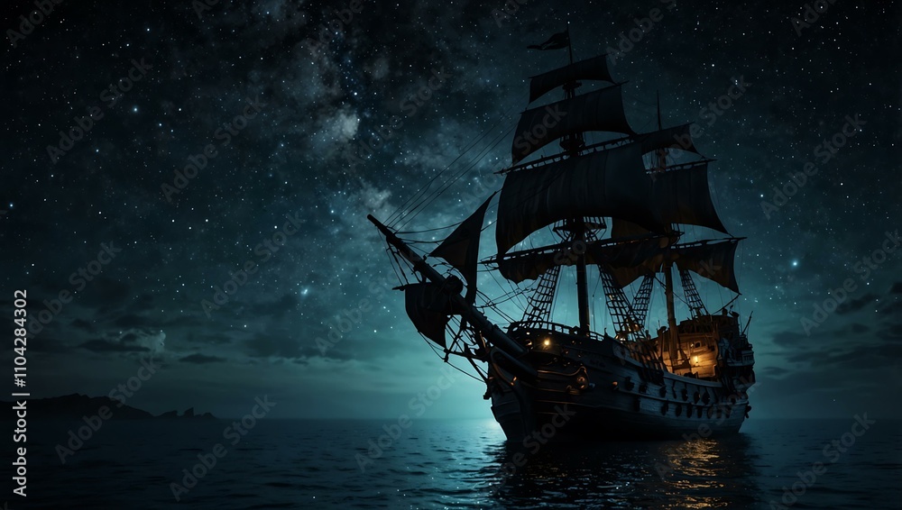 Fototapeta premium Black pirate ship under a starry sky.