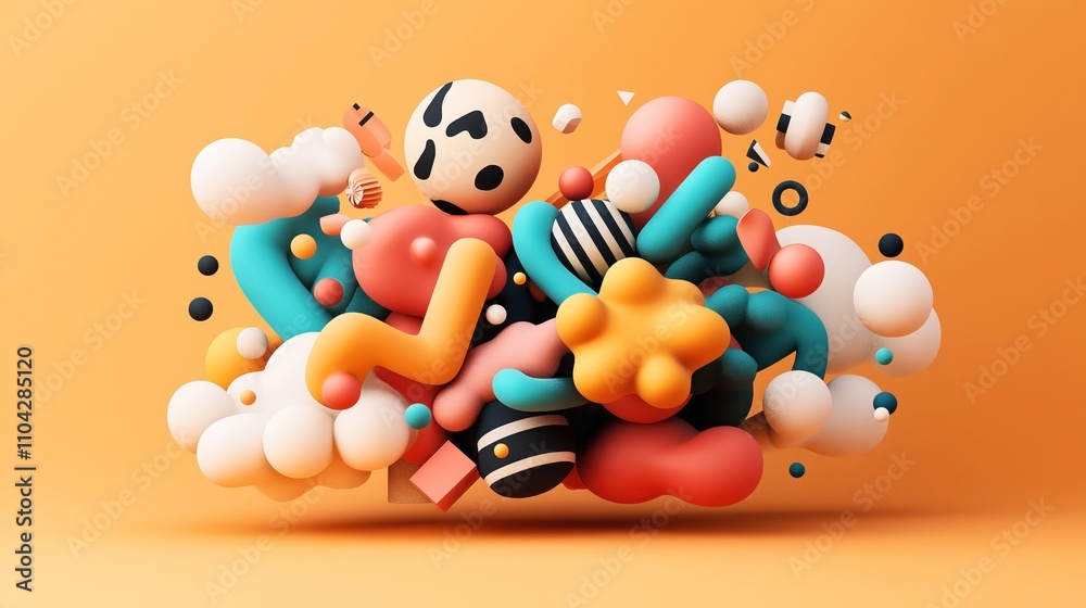 Abstract composition of colorful, floating 3D geometric shapes, including spheres, cylinders, and organic forms on a warm orange background. Abstract composition of colorful, floating 3D geometric shapes, including spheres, cylinders, and organic forms on a warm orange background.