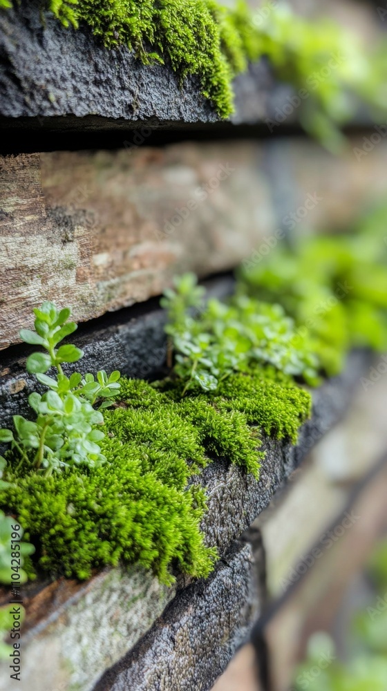 Green moss and plants growing on weathered wooden planks in natural light Green moss and plants growing on weathered wooden planks in natural light
