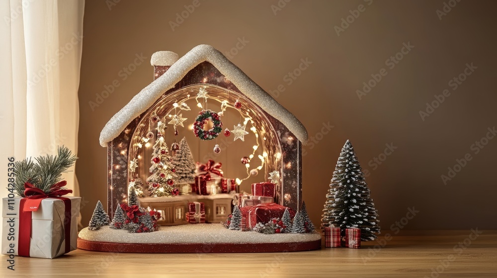Fototapeta premium A charming Christmas house adorned with twinkling lights, surrounded by colorful presents and a beautifully decorated tree, radiates festive joy.