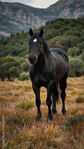Black Spanish stallion in a scenic landscape.