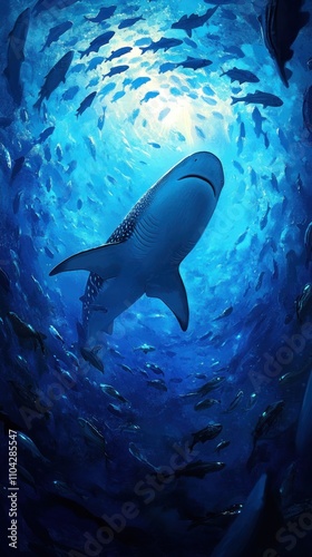 Fototapeta Naklejka Na Ścianę i Meble -  Majestic Whale Shark Amidst a School of Fish in Ocean's Depth
