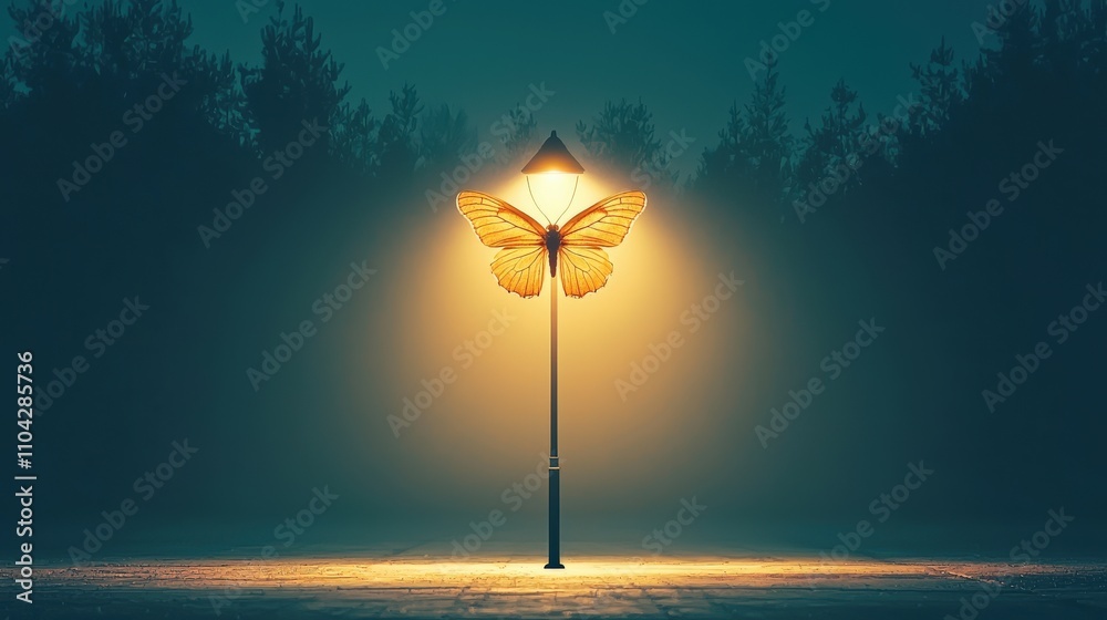A whimsical scene featuring a street lamp illuminated by a moth glow, creating an enchanting atmosphere amidst a foggy night setting. A whimsical scene featuring a street lamp illuminated by a moth glow, creating an enchanting atmosphere amidst a foggy night setting.