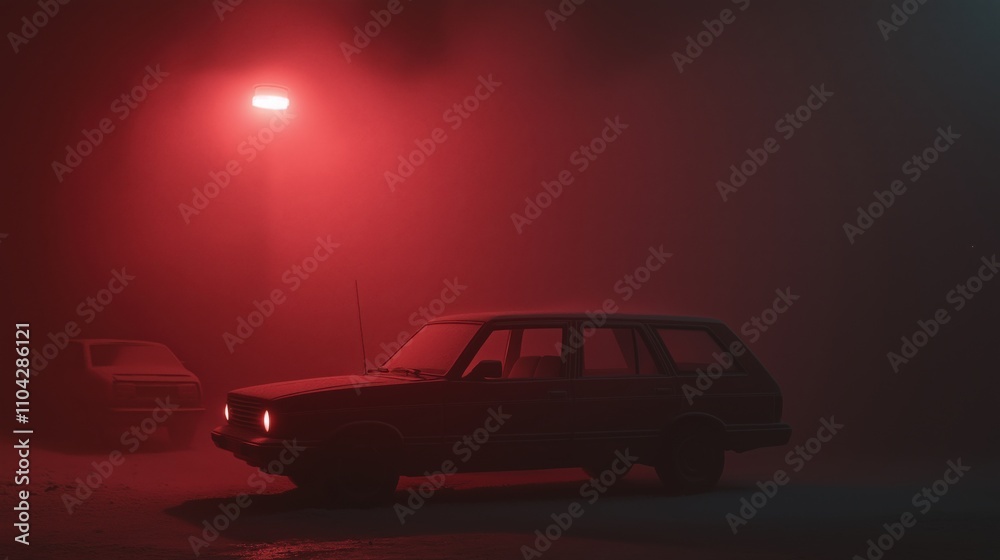 Fototapeta premium Moody night scene with abandoned vehicles in mystical red fog