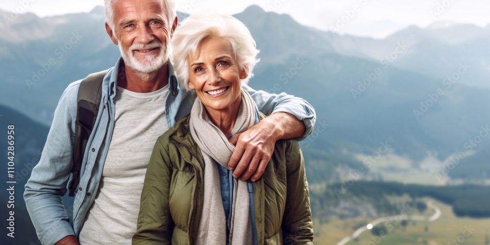 A joyful senior couple hiking in the mountains, smiling warmly at the camera. They radiate happiness and love, embracing adventure and their deep connection amidst stunning nature.