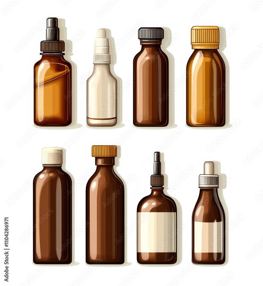 Set of  medicine bottles and aerosol cans isolated on white background.