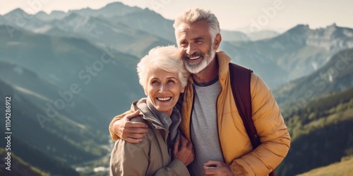 A joyful senior couple hiking in the mountains, smiling warmly at the camera. They radiate happiness and love, embracing adventure and their deep connection amidst stunning nature.