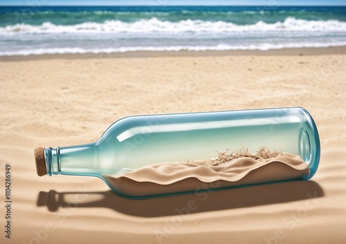 Message in a bottle with sand on a sandy beach near the ocean  photo