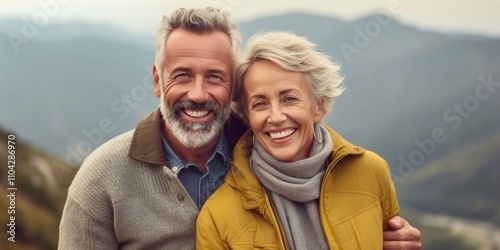 A joyful senior couple hiking in the mountains, smiling warmly at the camera. They radiate happiness and love, embracing adventure and their deep connection amidst stunning nature.