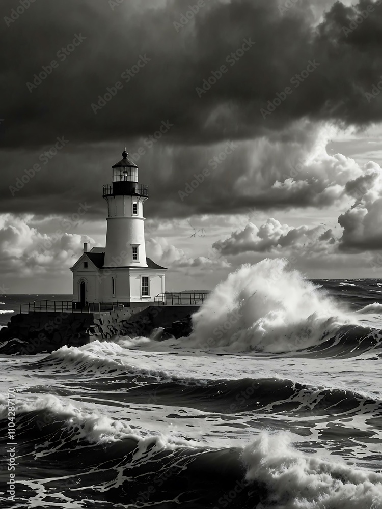 Black-and-white lighthouse image with crashing waves and cloudy skies. Black-and-white lighthouse image with crashing waves and cloudy skies.