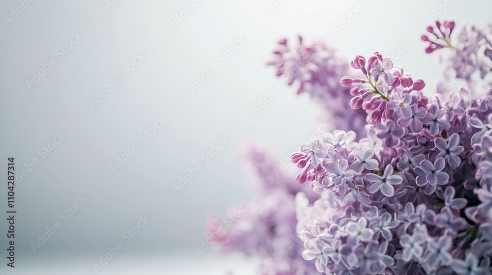 An arrangement of delicate lavender lilac flowers on a misty gray background, close-up shot, Minimalist style An arrangement of delicate lavender lilac flowers on a misty gray background, close-up shot, Minimalist style