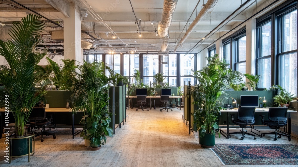 Modern Office Space with Lush Green Plants and Natural Light Modern Office Space with Lush Green Plants and Natural Light