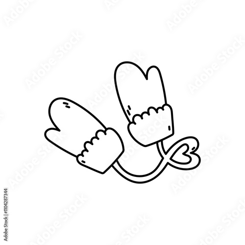 Hand drawn mitten. Cute winter glove. Coloring page of mittens on a thread. Christmas vector illusrtation on a white background