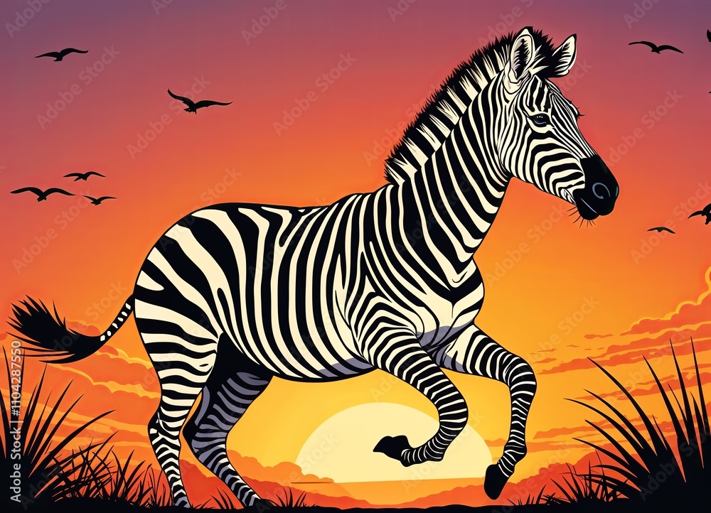 Fototapeta premium majestic zebra gallops across the African savanna against a vibrant sunset backdrop. The zebra's striking black and white stripes stand out against the warm hues of the sky