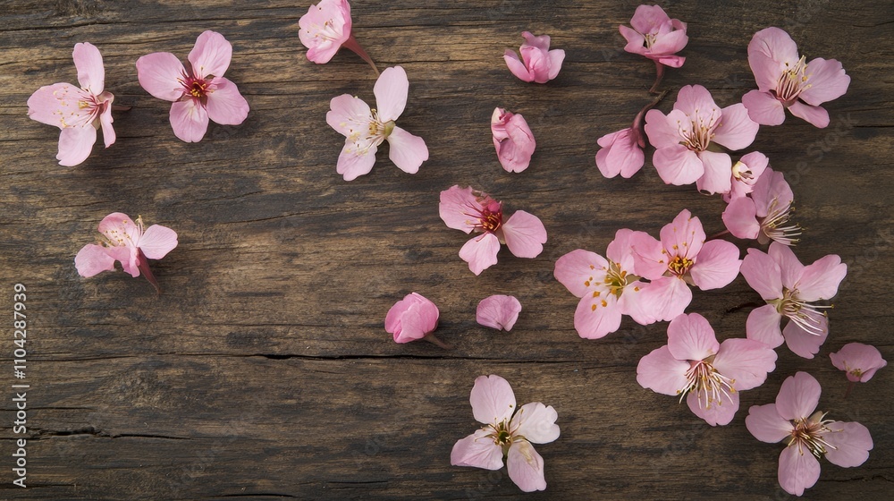 An artistic arrangement of delicate pink cherry blossoms in a glass vase on a rustic wooden table, top-down shot, Naturalistic style