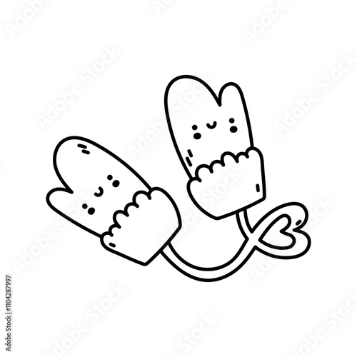 Kawaii mittens. Doodle winter glove. Coloring page of mittens on a thread. Christmas vector illusrtation on a white background