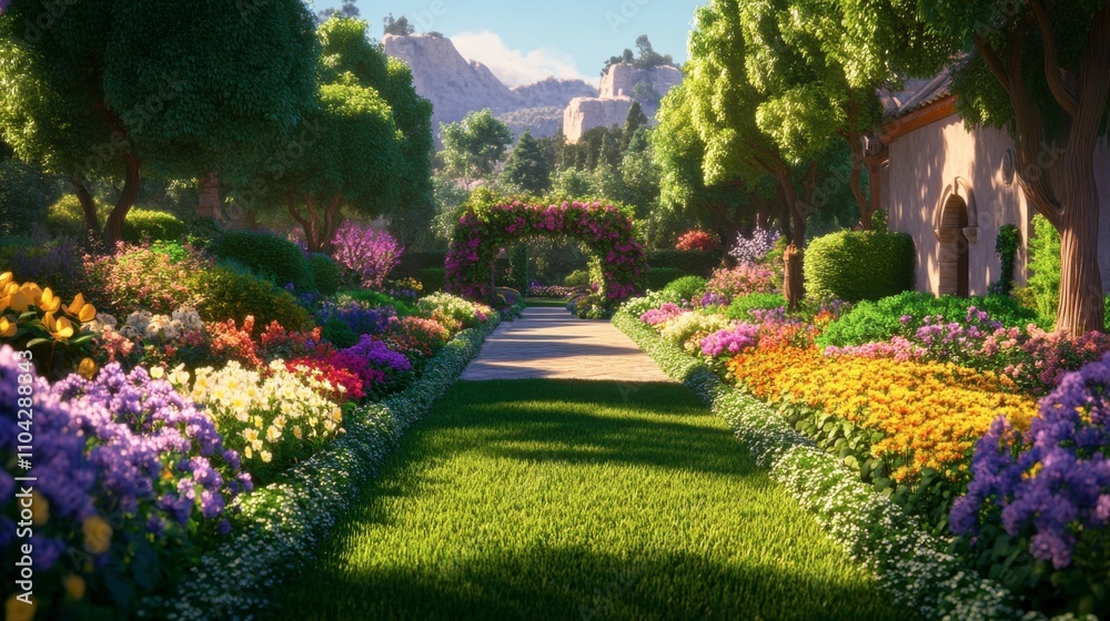 Obraz premium Vibrant Pathway Through Colorful Flower Garden in Spring Sunshine