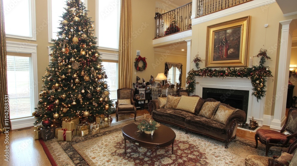 Elegant Christmas tree adorned with bronze and gold ornaments, capturing a sense of festive sophistication and seasonal charm. Elegant Christmas tree adorned with bronze and gold ornaments, capturing a sense of festive sophistication and seasonal charm.