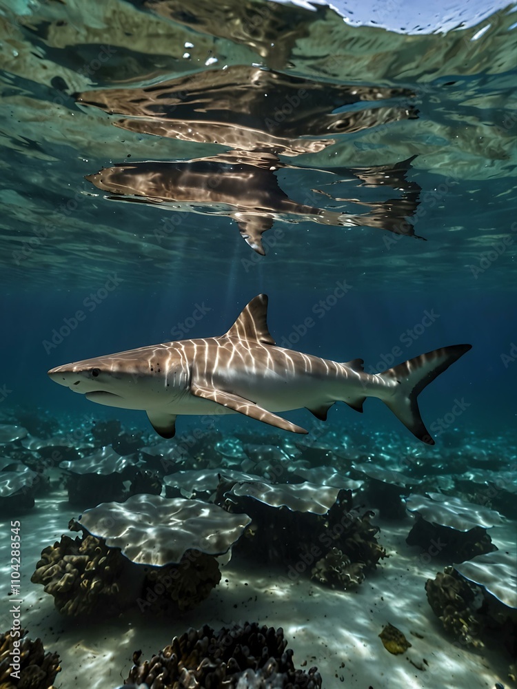 Fototapeta premium Blacktip shark swimming gracefully in tropical waters.