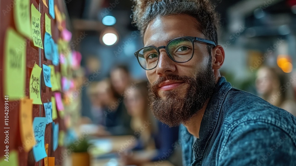 A young Hispanic man with a beard and glasses smiles warmly while standing near a wall covered in colorful sticky notes. A young Hispanic man with a beard and glasses smiles warmly while standing near a wall covered in colorful sticky notes.
