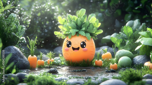 Happy cartoon carrot in garden with smaller carrots.