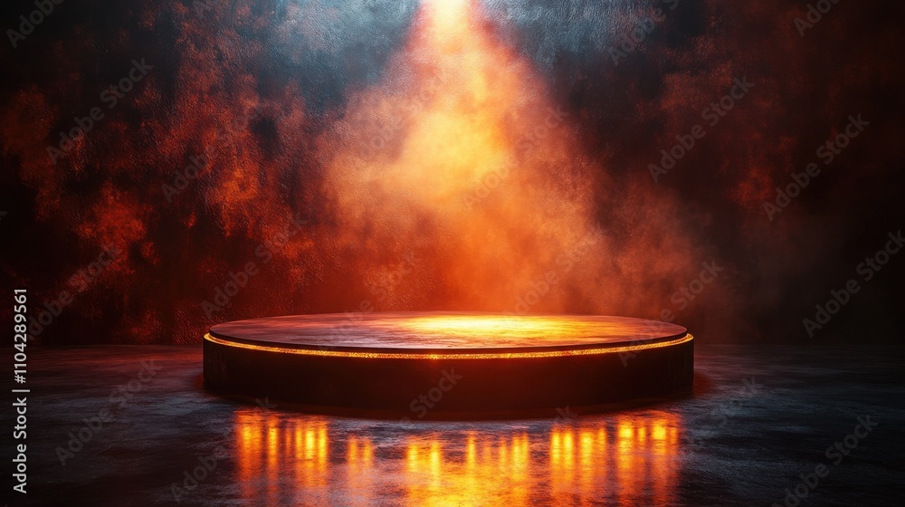 A circular platform bathed in warm, fiery light, set against a dark, textured backdrop. The scene is dramatic and mysterious, perfect for showcasing products or creating a moody atmosphere.
